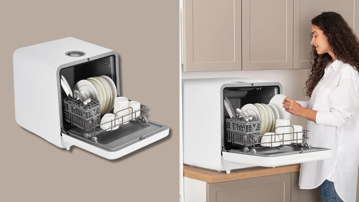 A woman loads dishes into a GarveeHome portable countertop dishwasher placed on a kitchen counter.