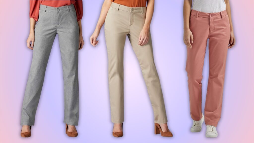 Three women are modeling straight-leg dress pants in gray, beige, and pink, paired with different tops and shoes against a soft gradient background.