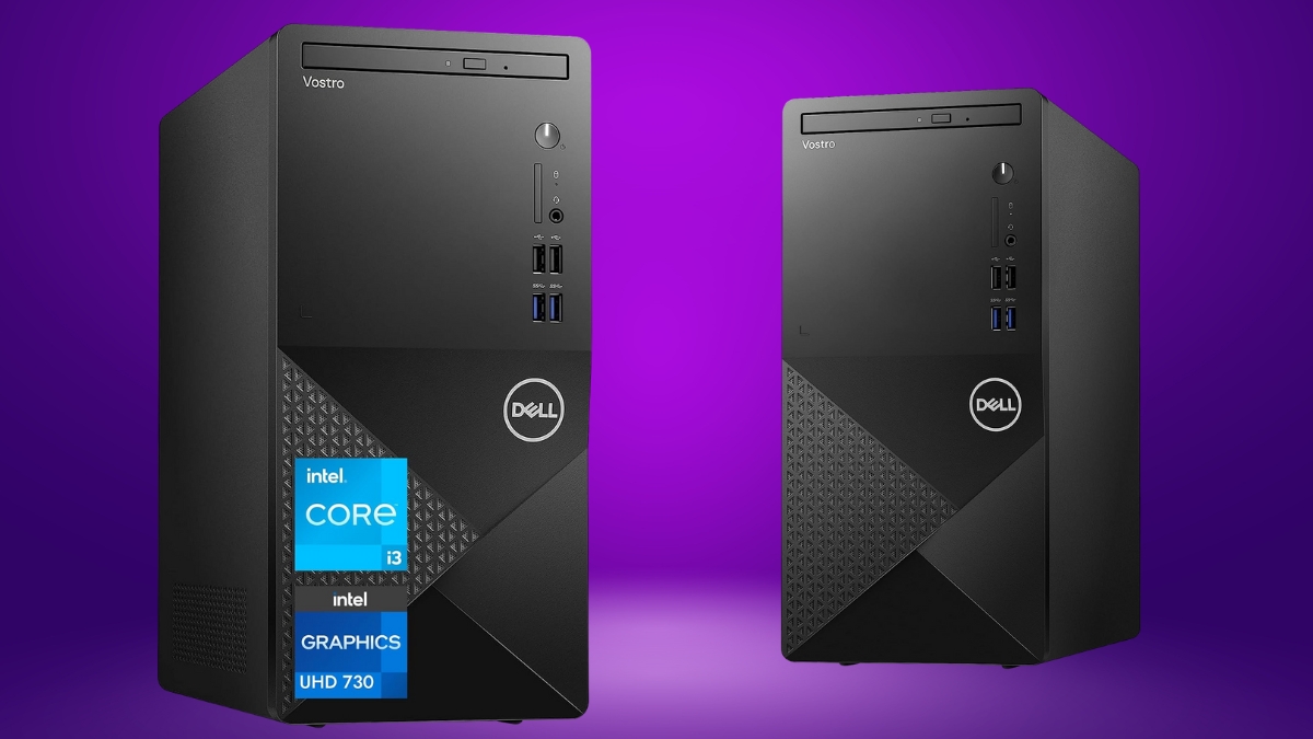 Two Dell Vostro 3910 desktop computers with Intel Core i3 and UHD 730 graphics shown against a purple background.