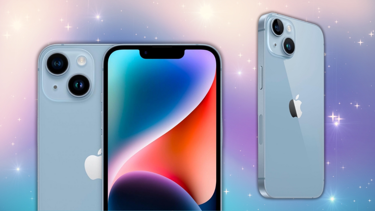 Apple iPhone 14 128GB in blue shown from front and back, highlighting its sleek design and dual camera system.