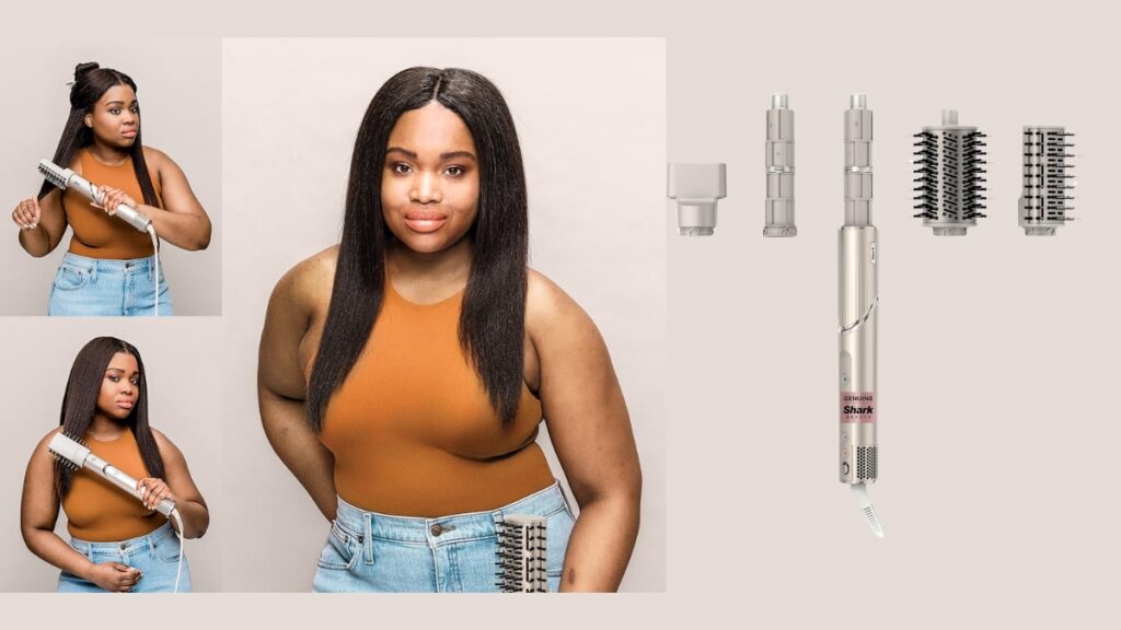 A woman with straightened hair poses with a Shark hair styling tool, showing before and after results alongside various styling attachments.