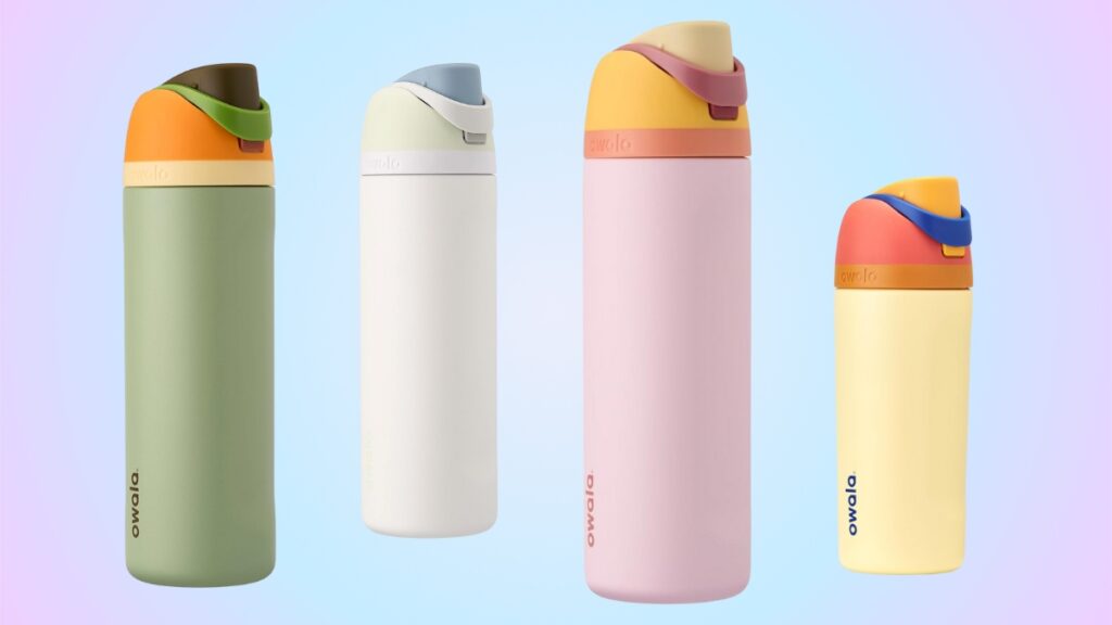 Four Owala water bottles in pastel and earthy colors are displayed against a soft gradient background.
