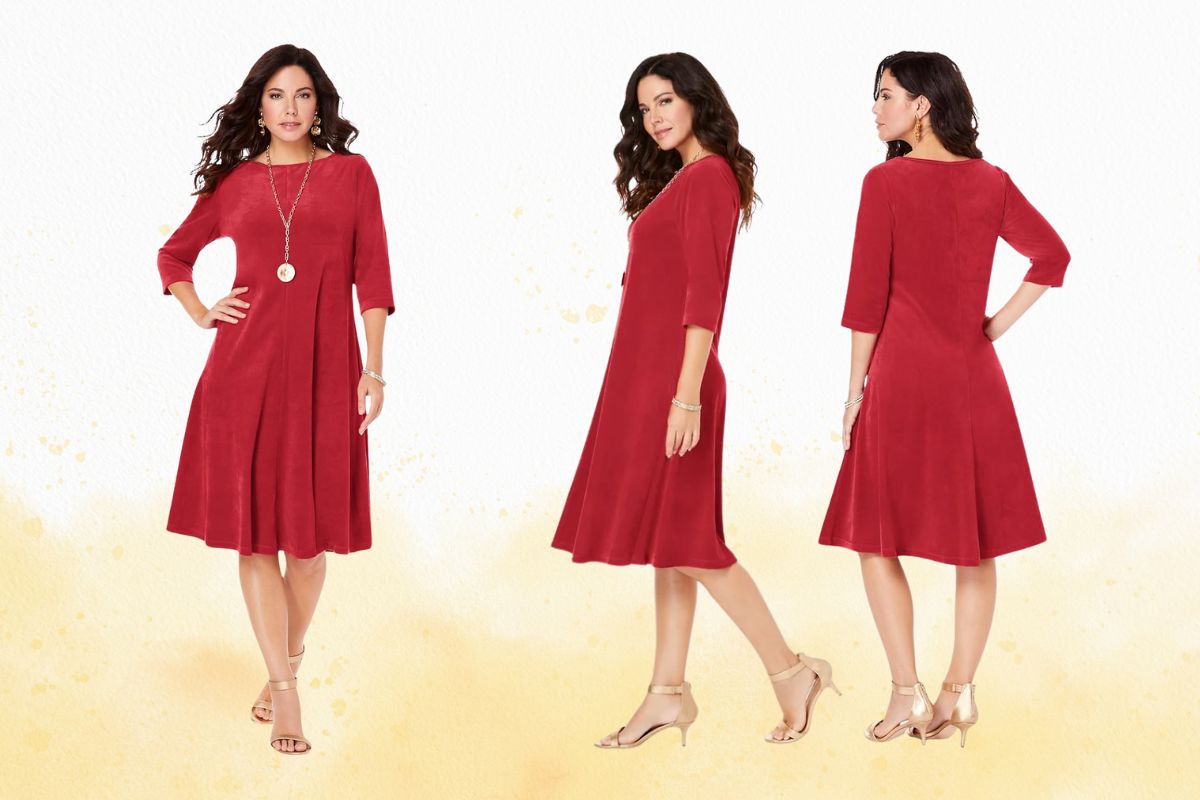 Roaman’s Velour Swing Drape Dress: A Luxurious Plus-Size Statement Piece