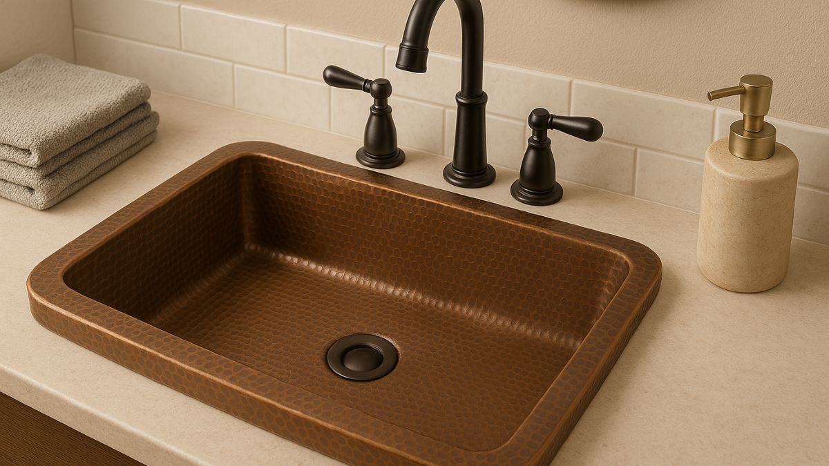 Rectangular hammered copper sink with dark bronze faucet on a light bathroom countertop.