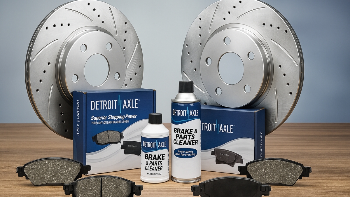 A Detroit Axle brake kit with drilled and slotted rotors, ceramic brake pads, and brake cleaner is displayed on a wooden surface with a soft blue background.