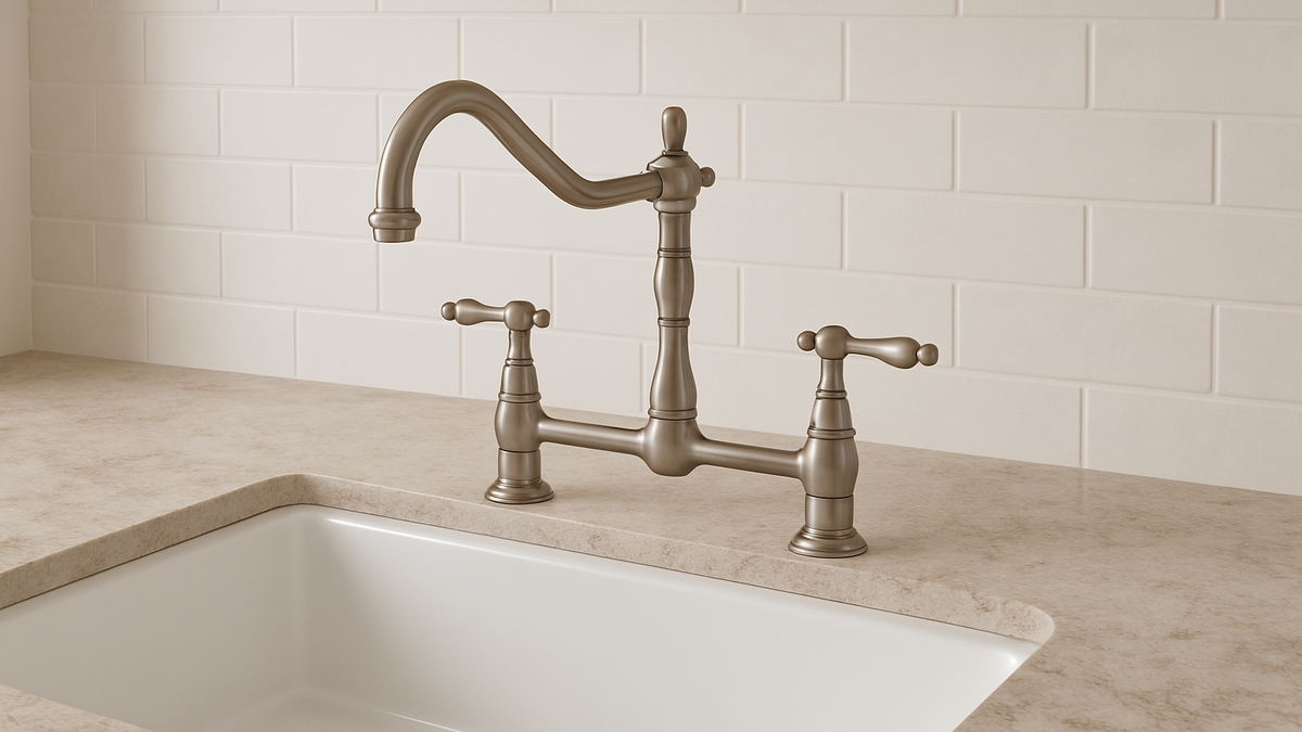 Brushed nickel Kingston Brass Heritage kitchen faucet with two handles and a vintage bridge design on a stone countertop.