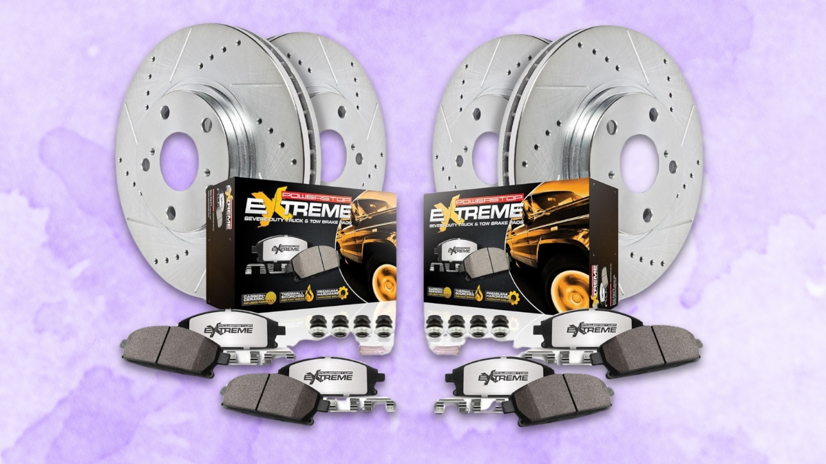 Power Stop Z36 Truck and Tow Brake Kit with drilled and slotted rotors and carbon-fiber ceramic brake pads shown in full set.