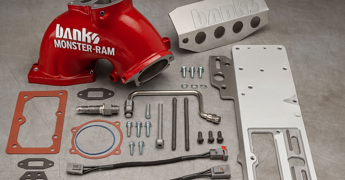 Banks Power Monster-Ram Intake System kit with red intake manifold and billet parts laid out.