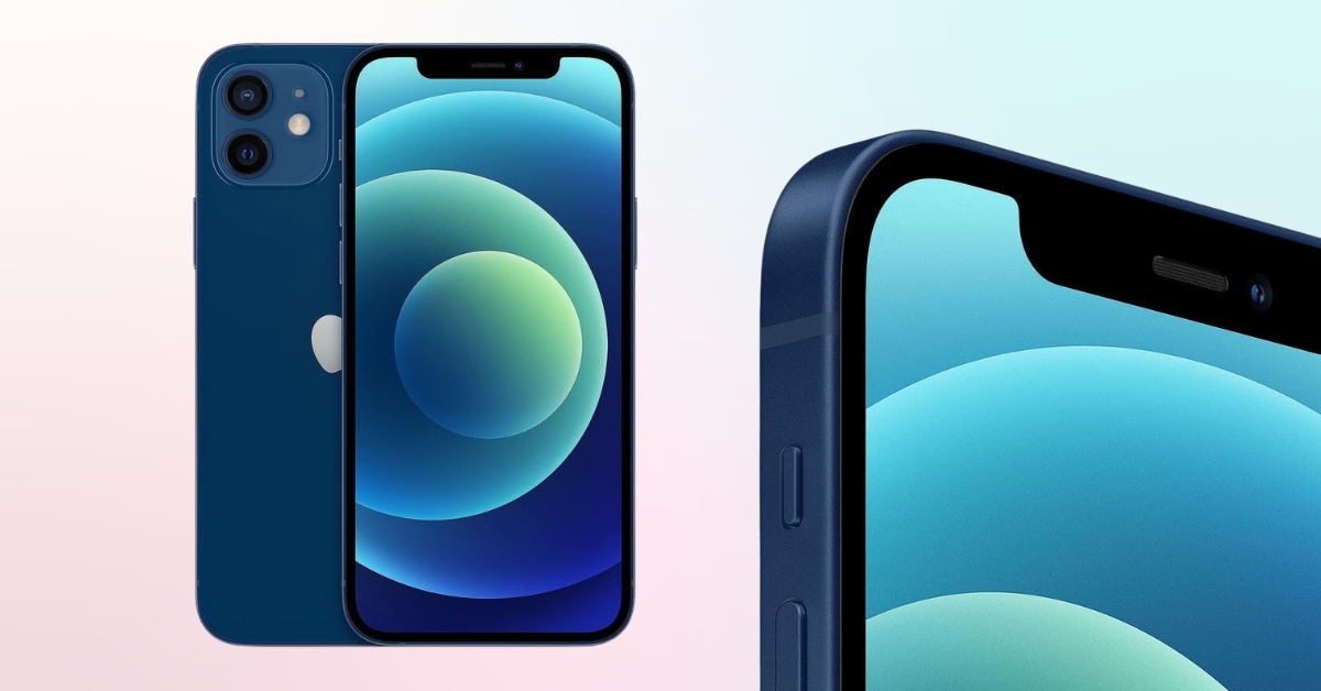 Blue refurbished Apple iPhone 12 128GB shown from the front, back, and side angles.