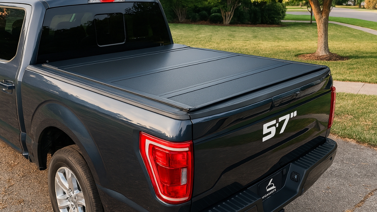 Black hard folding tonneau cover on a 5.7-foot truck bed parked in a residential area.