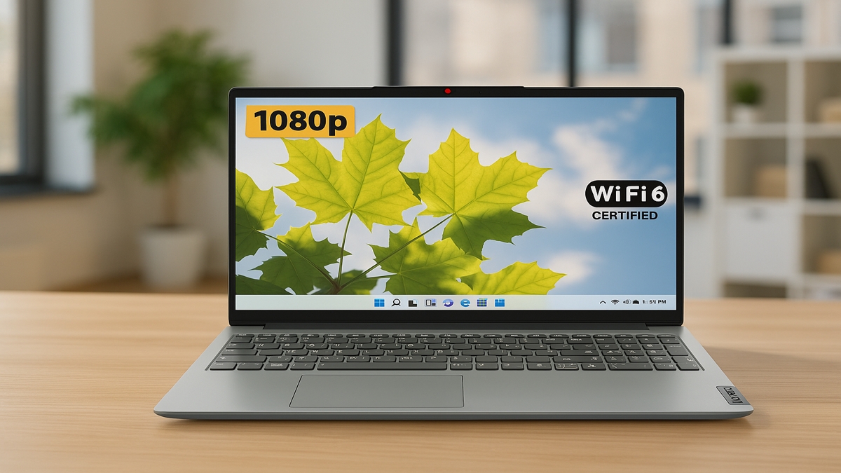 Lenovo IdeaPad 1 student laptop with a 15.6-inch Full HD screen and WiFi 6 shown on a wooden desk in a bright room.