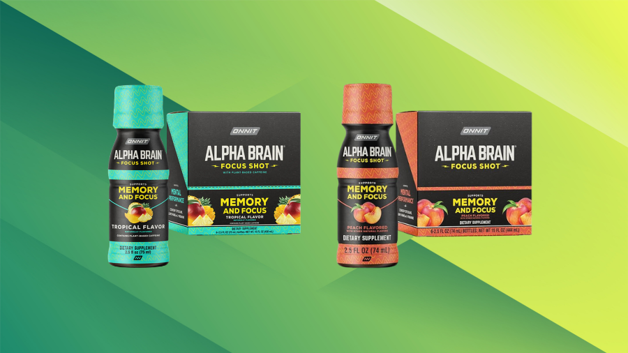 Two flavors of Alpha Brain Focus Shot supplements displayed with their boxes on a green gradient background.