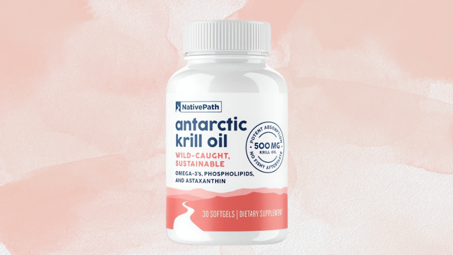 White bottle of NativePath Antarctic krill oil dietary supplement with red and blue label.