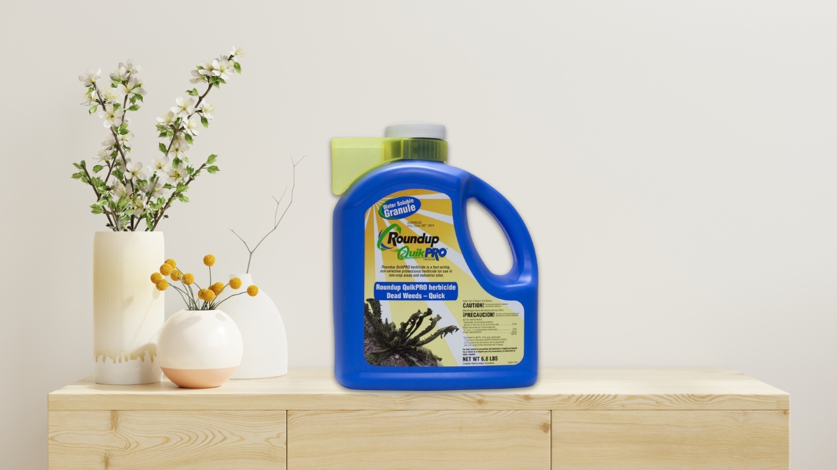 A 6.8 lb container of Roundup QuickPro herbicide sits on a wooden table beside decorative flower vases.