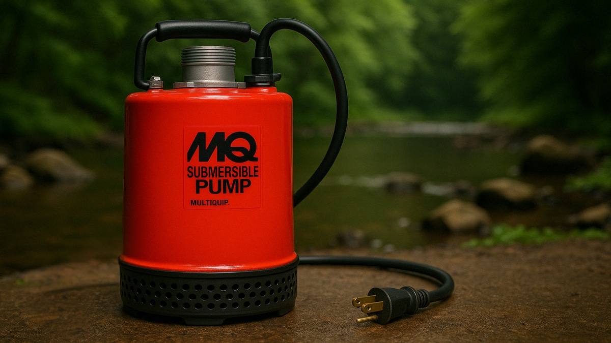 A Multiquip submersible pump sits near a stream with its power cord visible, showing its use for water removal in outdoor settings.