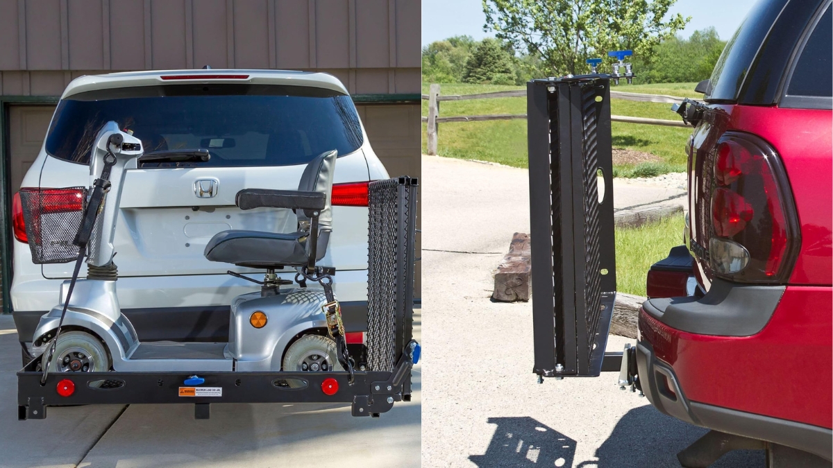A mobility scooter is secured on a Silver Spring wheelchair carrier attached to an SUV, with the ramp shown folded up for travel.