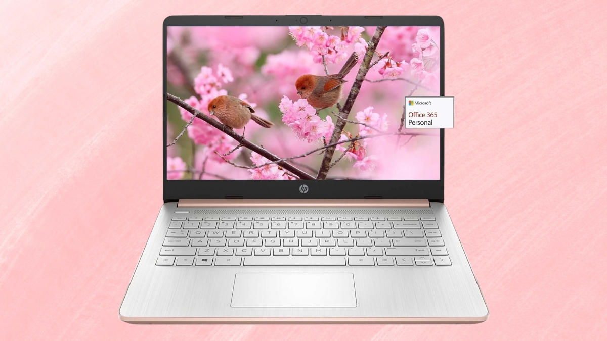 HP 14-inch touchscreen laptop in rose gold shown with a silver keyboard and Office 365 Personal on screen.