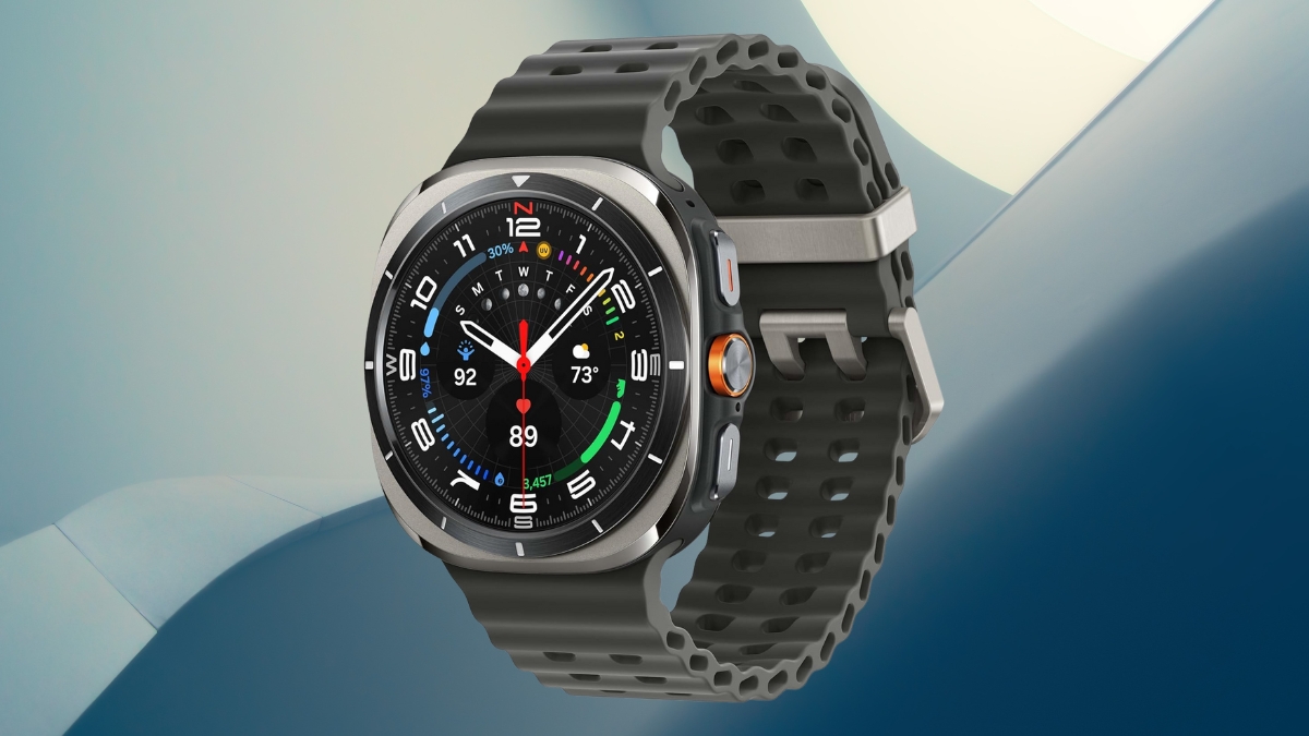 Samsung Galaxy Watch Ultra with a black strap and colorful round display showing health and weather data.
