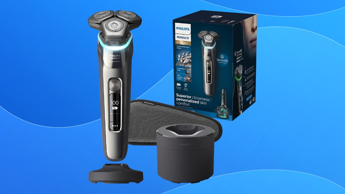 Philips Norelco 9000 Shaver with SenseIQ technology shown with its box, travel case, and cleaning pod on a blue background.