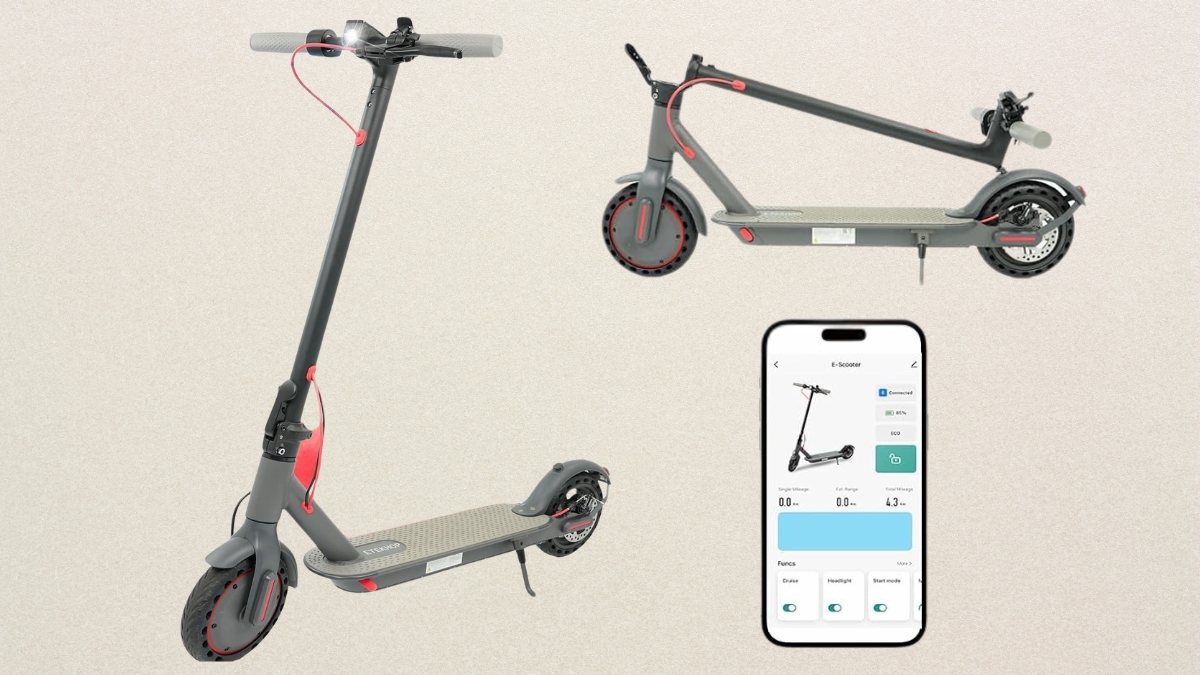 Foldable ETEKHOP electric scooter for adults shown in upright and folded positions with a smartphone app displaying scooter controls.
