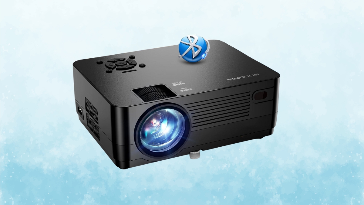 Black Roconia 5G WiFi Bluetooth Native 1080P projector with a glowing lens and Bluetooth icon shown on a light blue background.