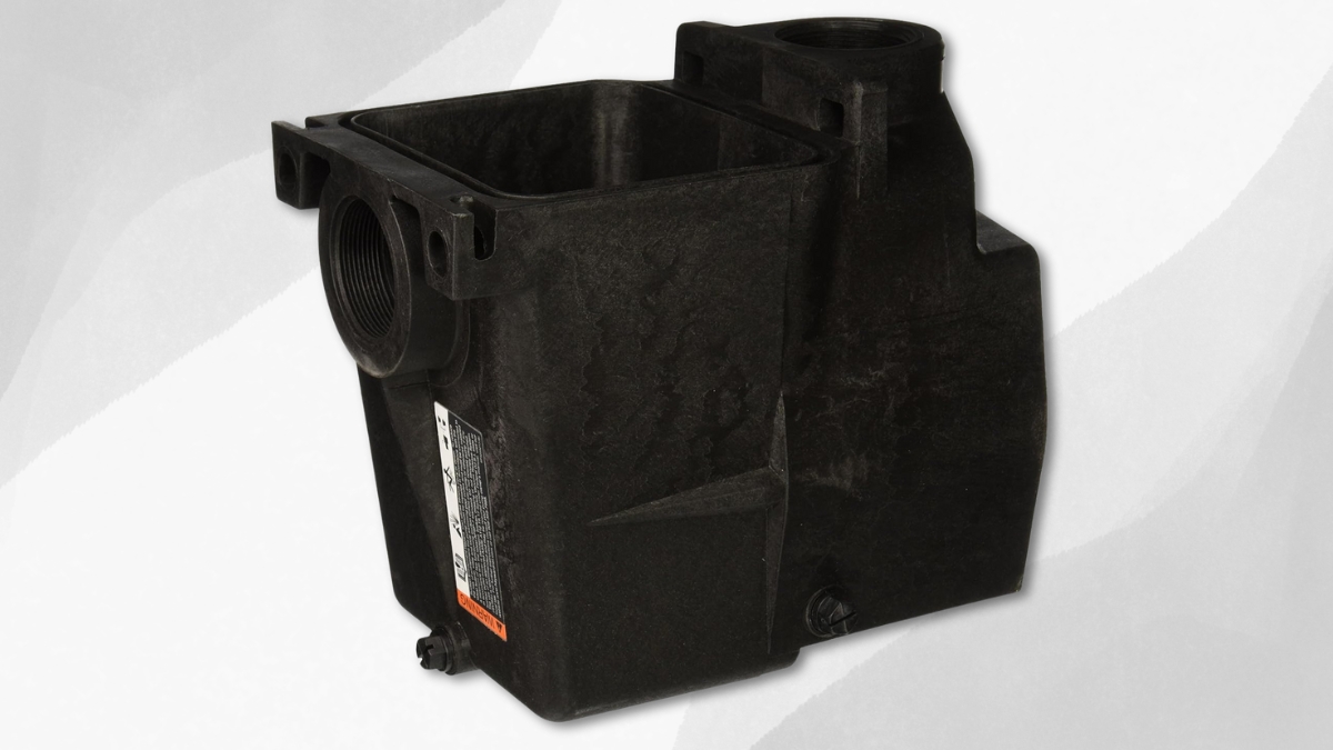 Black replacement strainer housing for Hayward Super Pump with 2-inch threaded ports.