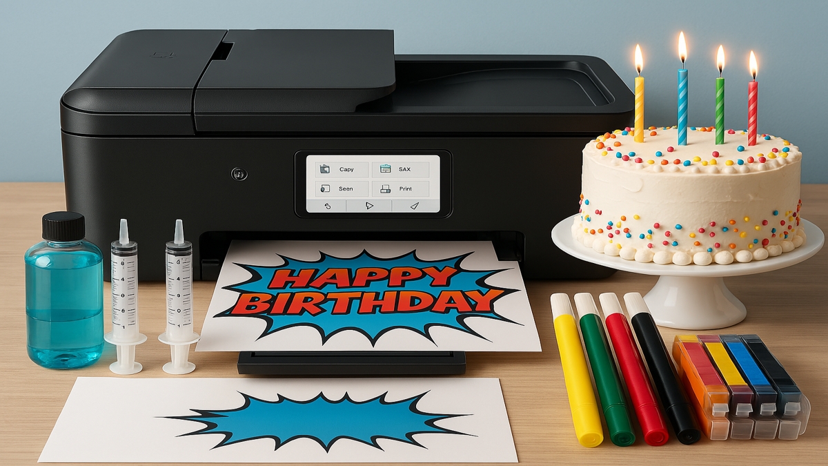 Edible image printer bundle with ink cartridges, edible markers, wafer sheets, and a printed birthday design next to a decorated cake.