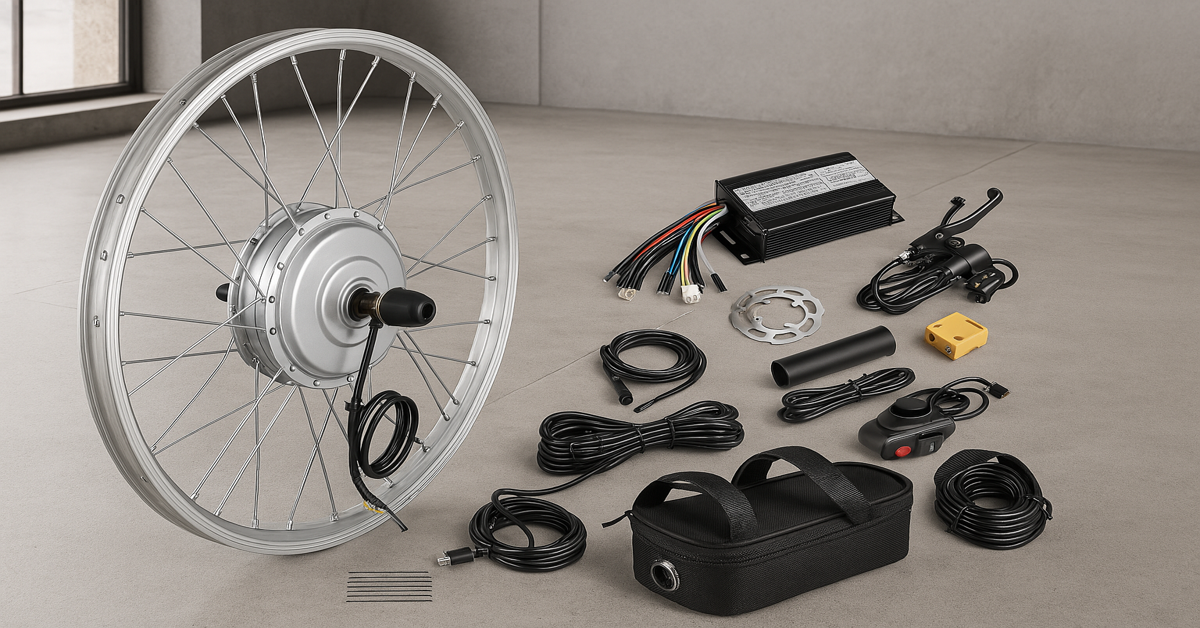 Electric bike conversion kit 36V 750W with front wheel, motor, cables, and accessories laid out on the floor.