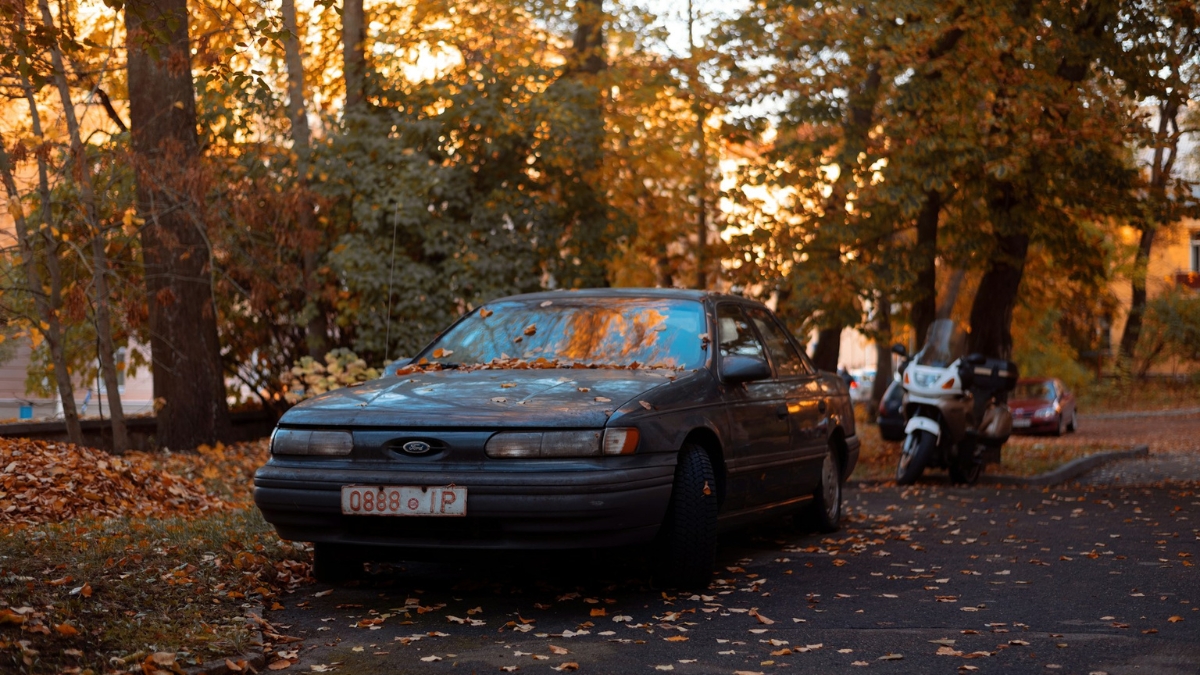 An older Ford Taurus parked on a leaf-covered street during autumn with trees in the background.