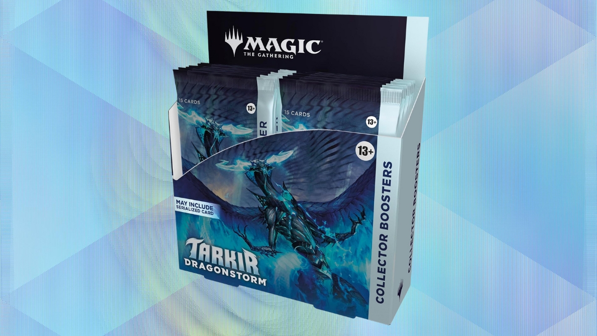 Box of Tarkir: Dragonstorm Collector Booster Packs from Magic: The Gathering, featuring dragon-themed artwork and labeled for ages 13 and up.