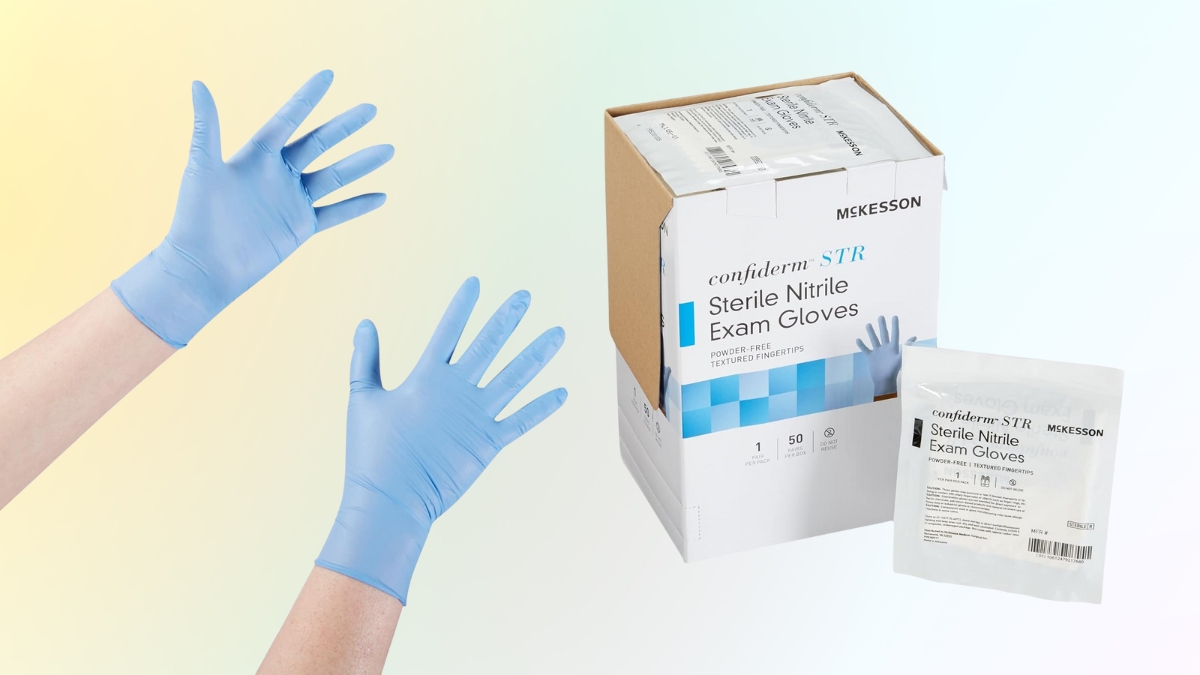 Hands wearing blue nitrile exam gloves shown next to a box of McKesson Confiderm STR sterile gloves.
