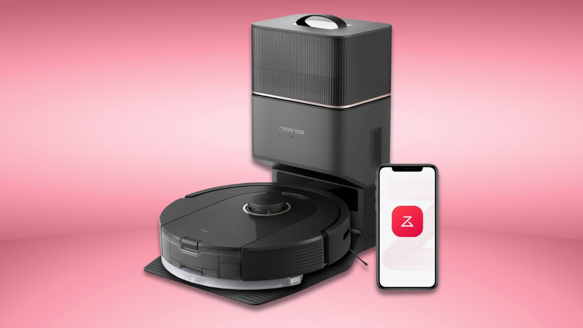 Roborock Q5 Pro+ robot vacuum with self-emptying dock and smartphone app on a pink background.