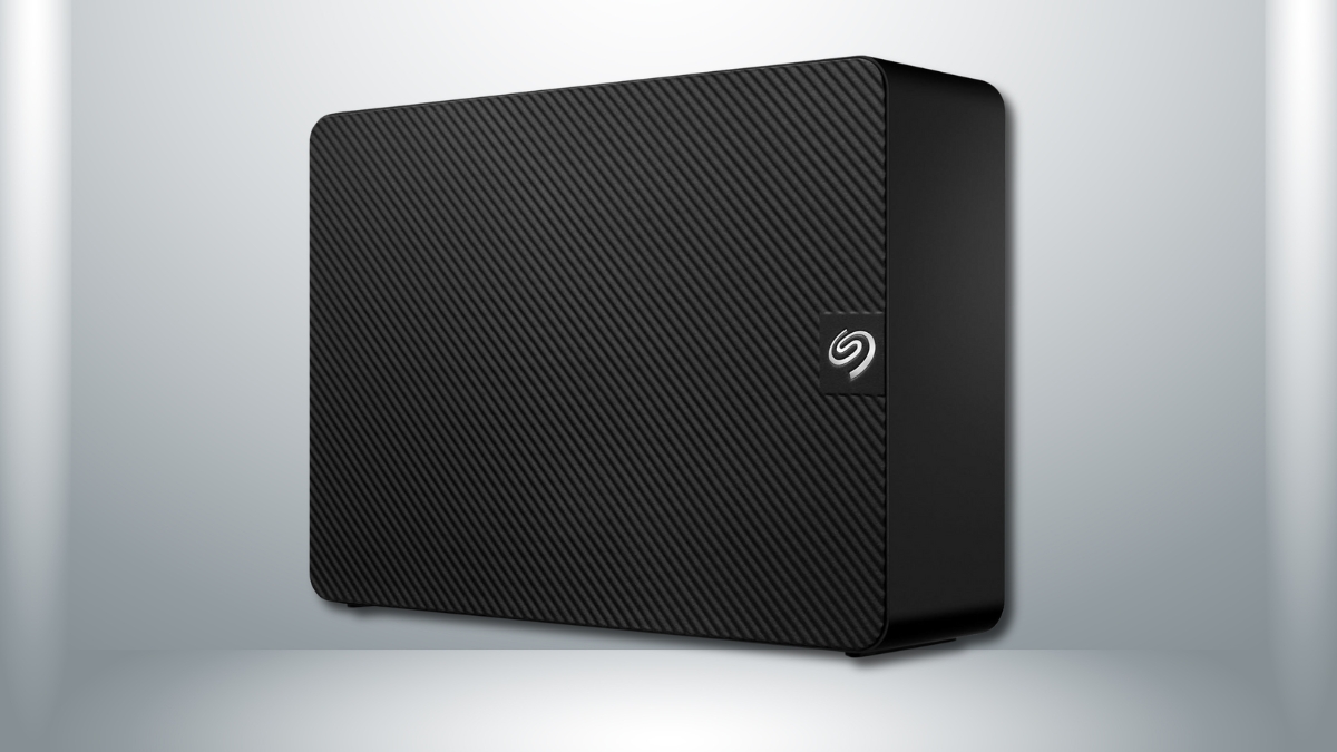 Black Seagate 22TB external hard drive with a textured finish shown on a light gray background.