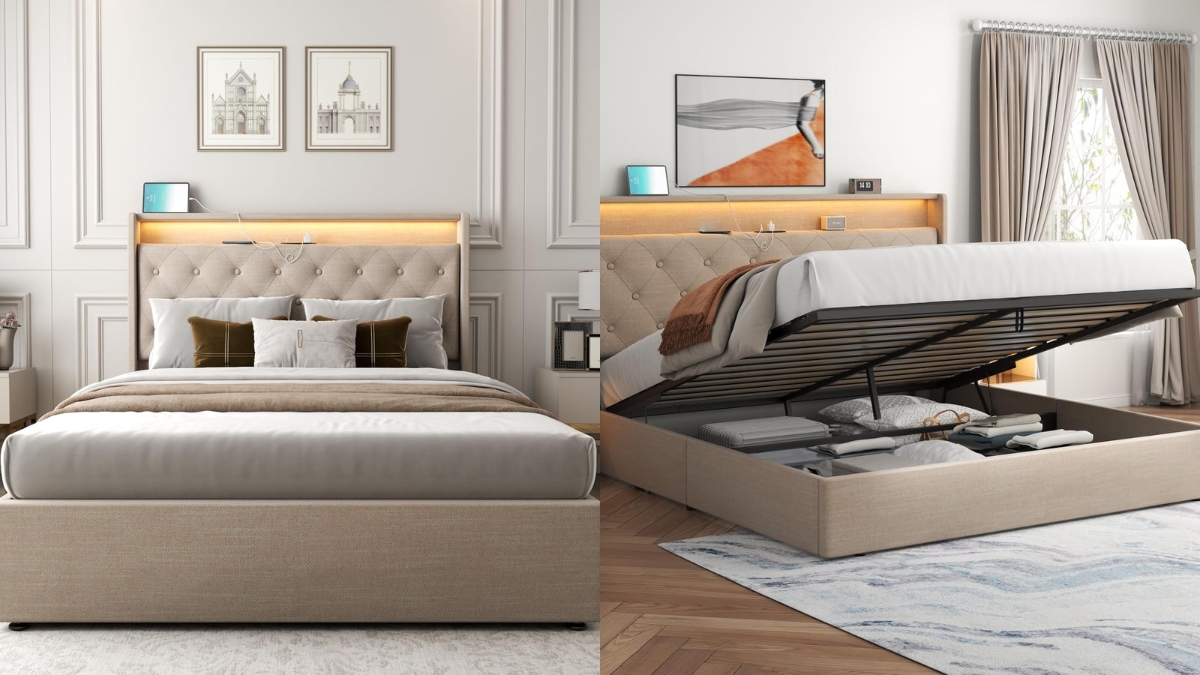Beige upholstered lift-up storage bed with a tufted headboard, built-in lights, and organized space under the mattress.