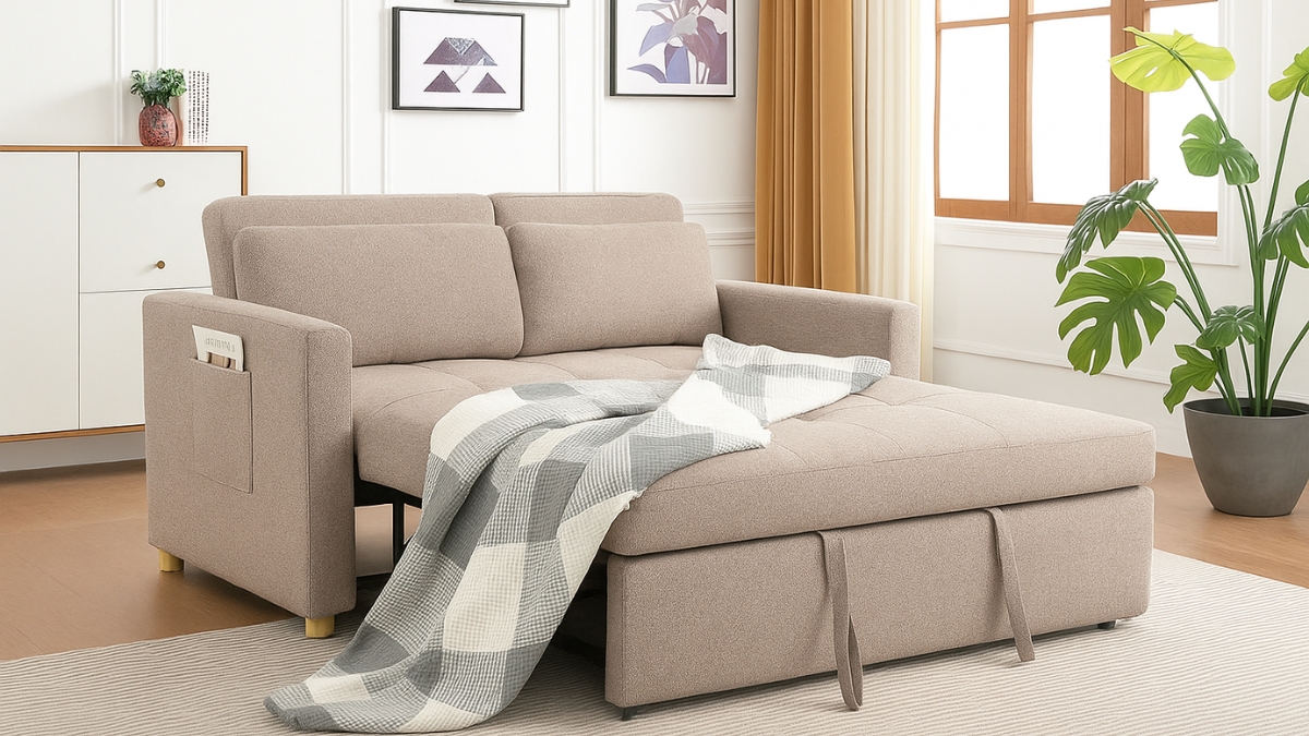 Beige convertible sofa bed for small spaces shown with storage, pillows, and a pull-out design.