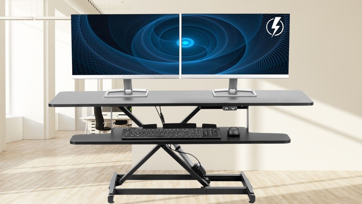 VIVO 47 inch Electric Motor Desk Converter, Height Adjustable Riser, Sit to Stand Dual Monitor and Laptop Workstation with Wide Keyboard Tray