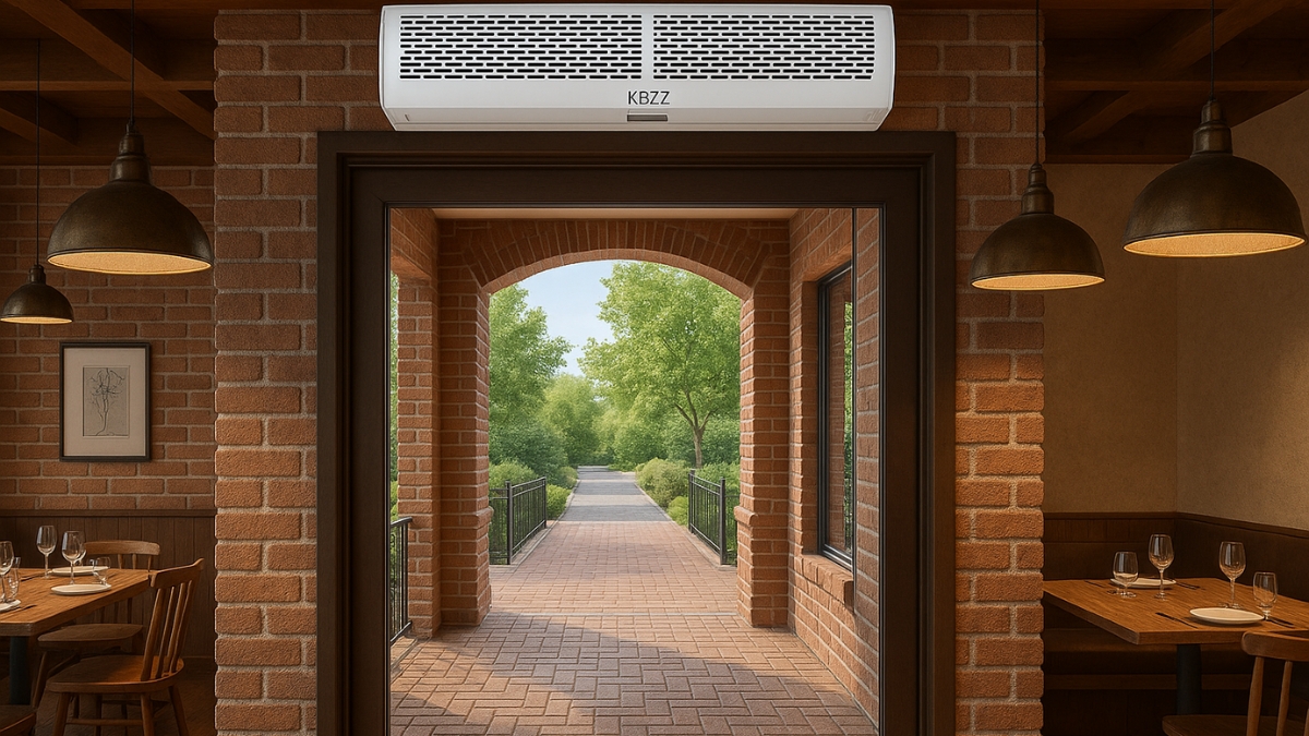 A white KBZZ air curtain is mounted above a glass door inside a brick-walled restaurant, looking out to a tree-lined walkway.