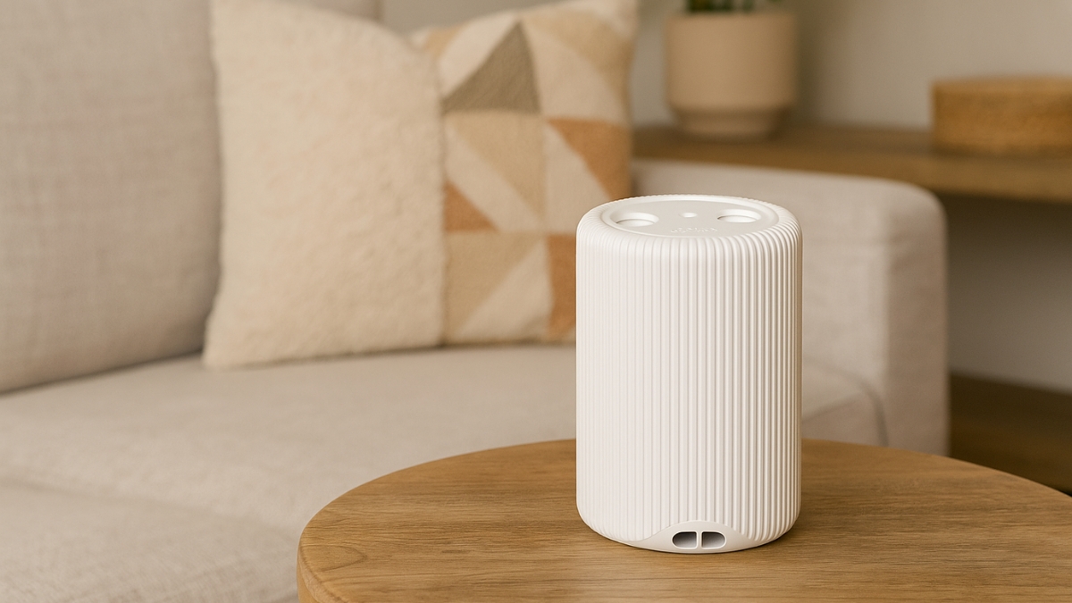 White Pura Plus Smart Fragrance Diffuser on a wooden table in a cozy living room.