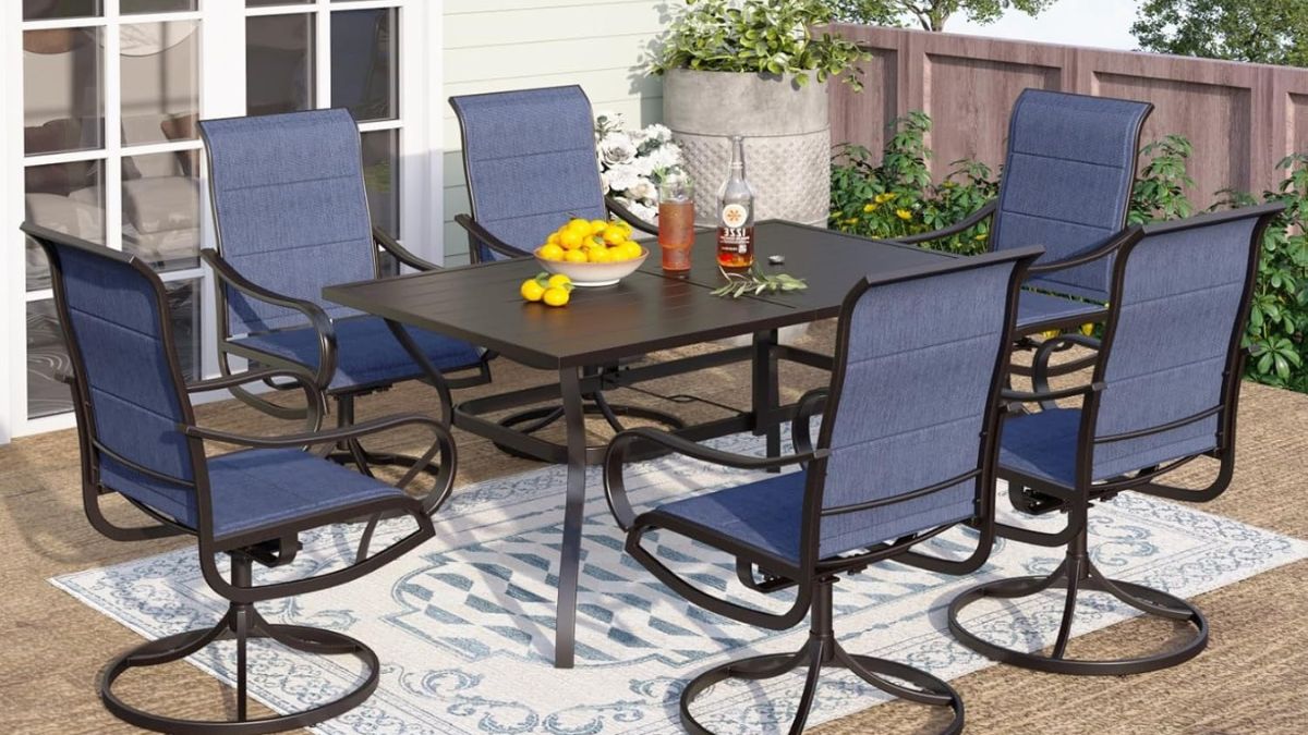 PHI VILLA Patio Dining Set for 6, Swivel Dining Chairs with Padded Textilene and Large Metal Table