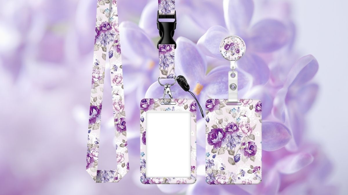 Stylish Purple Flower ID Badge Holder with Retractable Lanyard