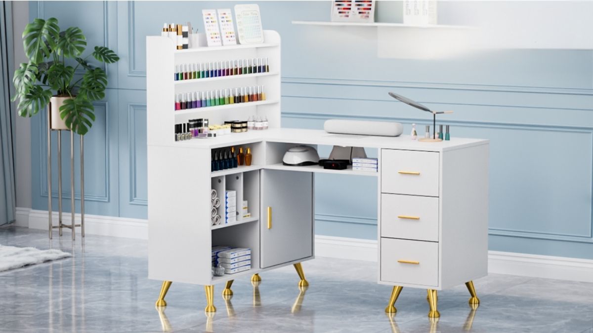 OmySalon L Shaped Manicure Table with Dust Collector 52-Inch: Nail Station for Professionals