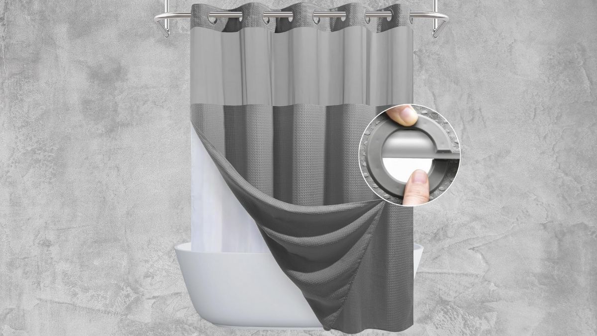 EUTXL Grey Shower Curtain and Liner Set - 230GSM Waffle Weave Textured Heavy Duty,Hotel Luxury Weighted Bath Curtain,71W x 74H
