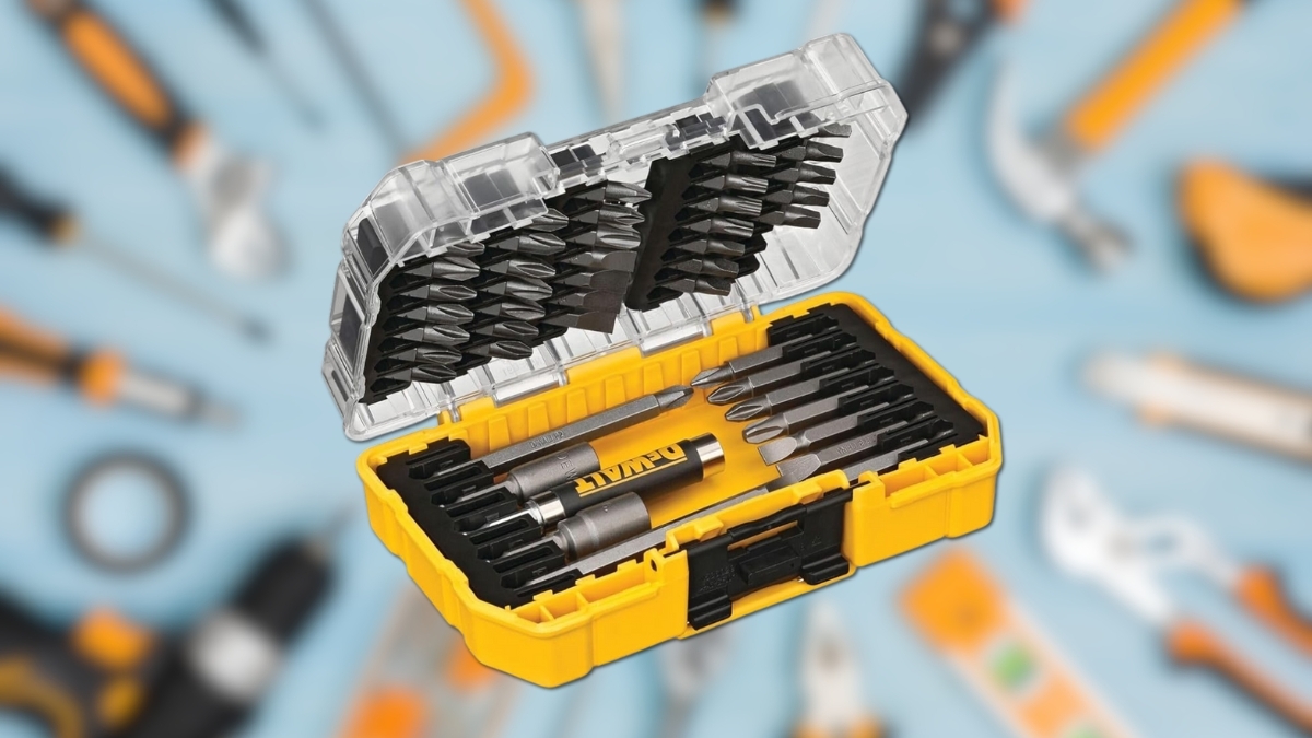 DEWALT MAXFIT-style screwdriver bit set with precision-machined bits and magnetic holders in a compact storage case