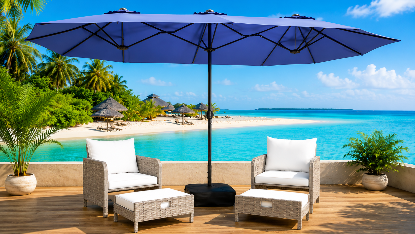 LEVELEVE Large Double-Sided Patio Umbrella Gives Your Patio Wider, Cooler Outdoor Shade