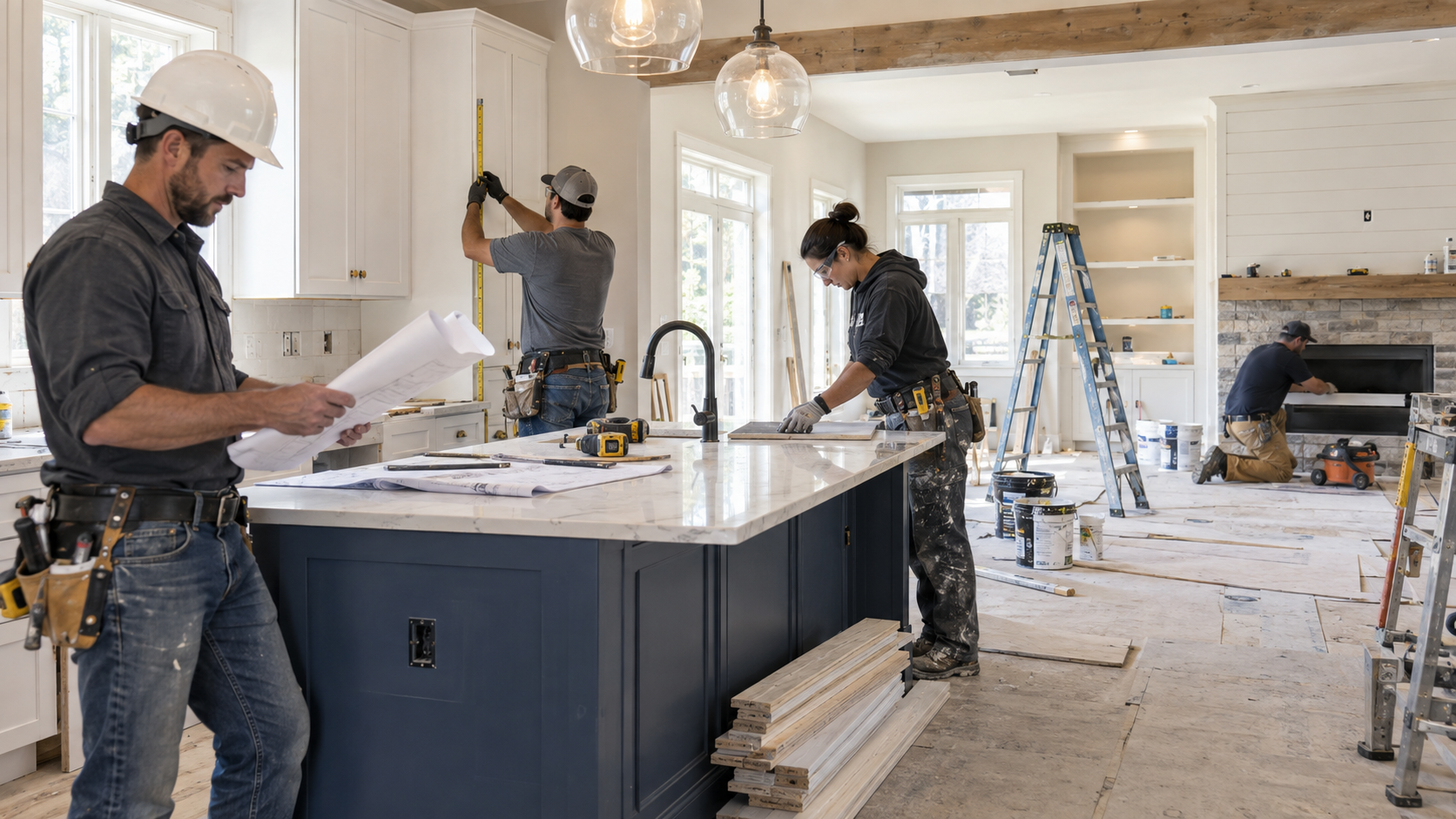 Home remodel contractors renovating a residential interior with professional tools and materials.