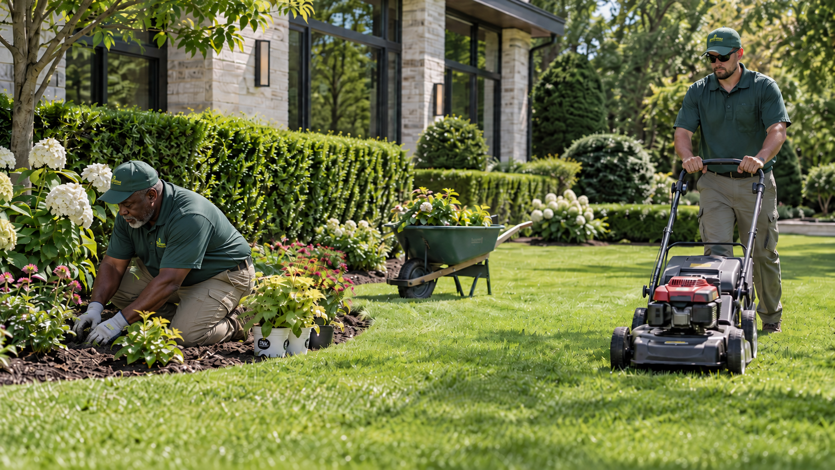 Professional landscapers maintaining a residential yard with neatly trimmed grass, plants, and outdoor landscaping features